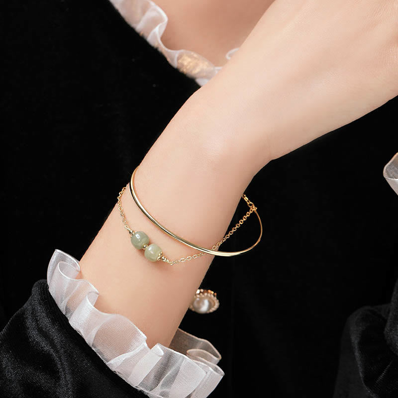 Nimara Ritual Copper Plated Gold Hetian Jade Bead Luck Double Layer Bracelet Bangle