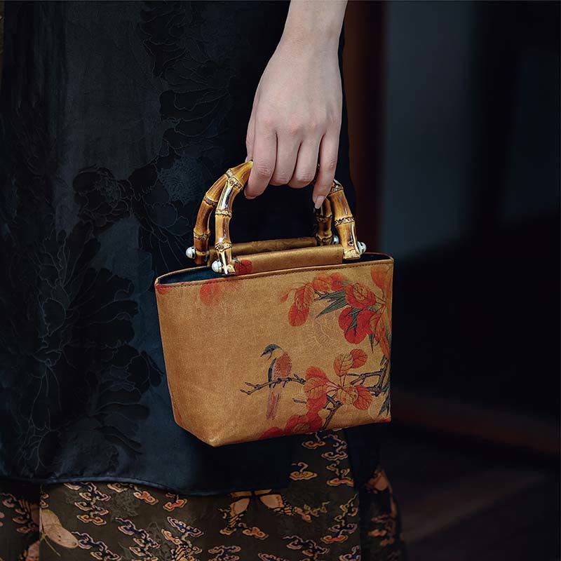 Nimara Ritual Yellow Bird Branches Green Peony Flower Bamboo Handles Handbag