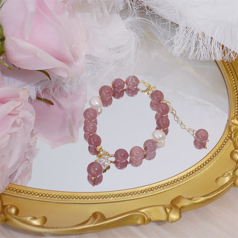 Nimara Ritual Natural Strawberry Quartz Pearl Four Leaf Clover Love Bracelet