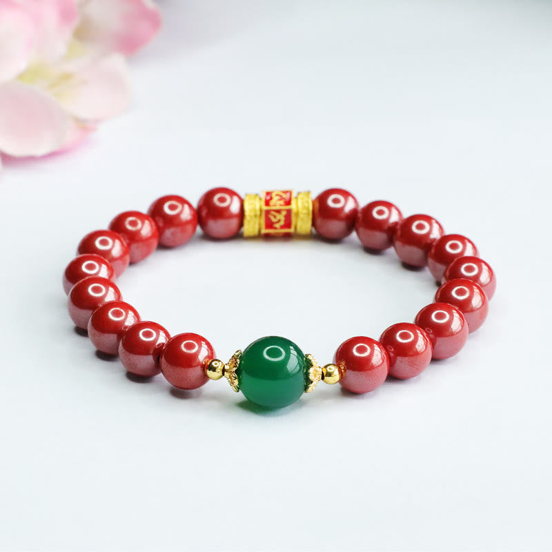 Nimara Ritual Natural Cinnabar Green Agate Om Mani Padme Hum Pattern Blessing Bracelet