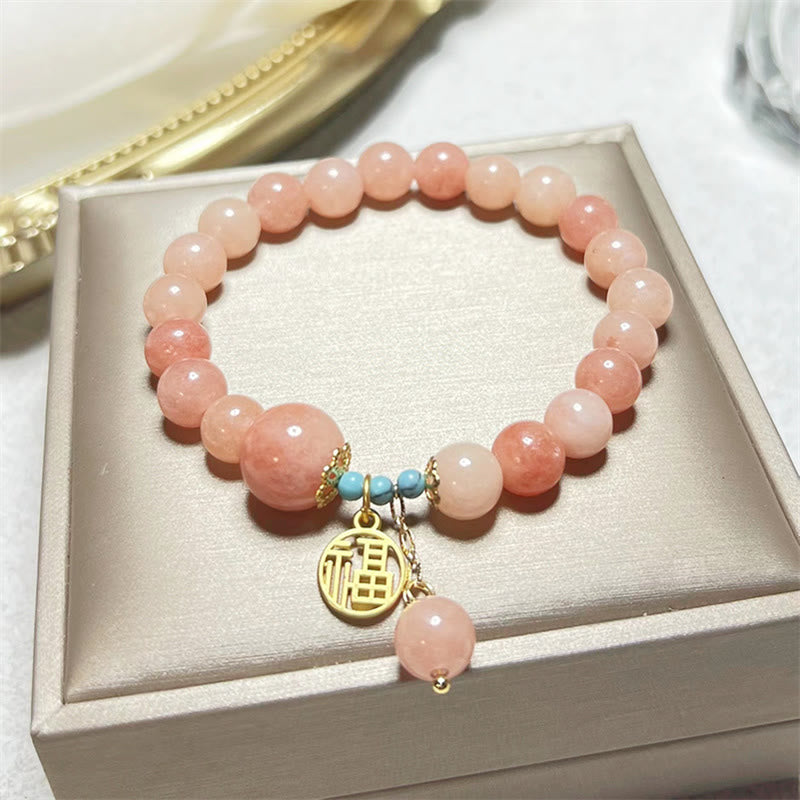 Nimara Ritual Natural Orange Stone Turquoise Fu Character Charm Luck Fortune Bracelet