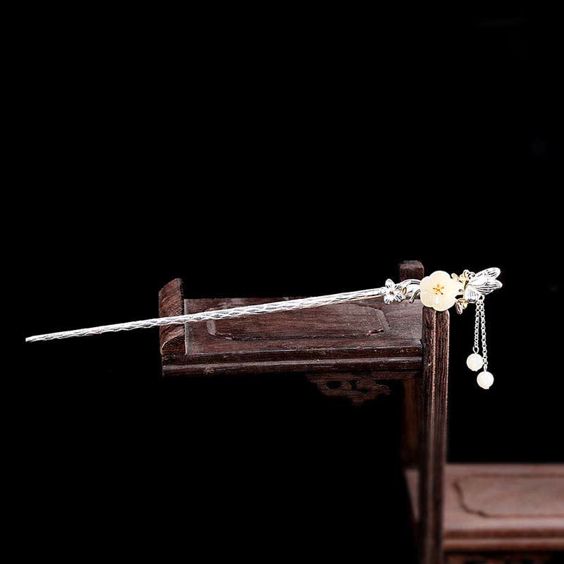 Nimara Ritual 925 Sterling Silver Hetian White Jade Flower Blessing Hairpin