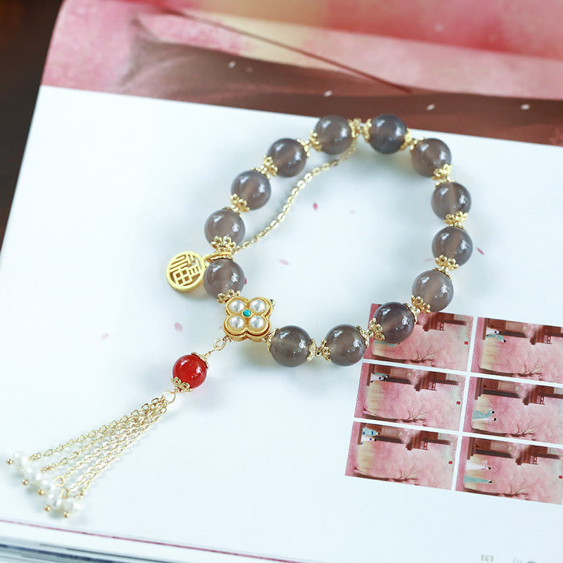 Nimara Ritual Natural Gray Agate Fu Character Pearl Tassel Balance Bracelet