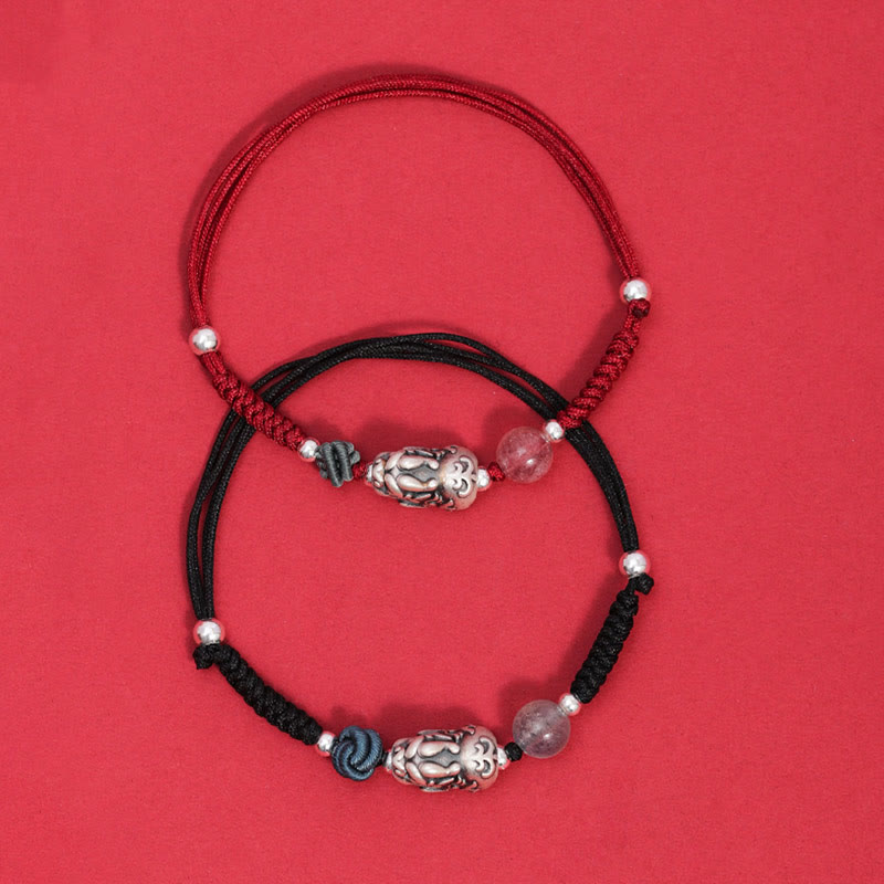 Nimara Ritual 999 Sterling Silver PiXiu Strawberry Quartz Bead Wealth Luck Braided Bracelet