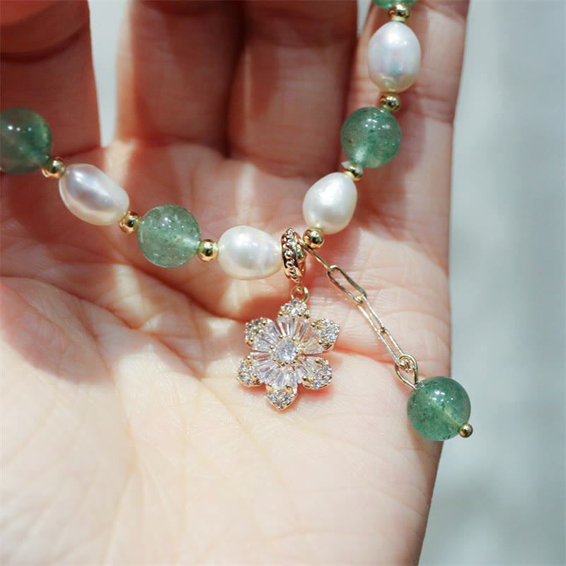 Nimara Ritual Natural Green Strawberry Quartz Pearl Flower Charm Love Bracelet