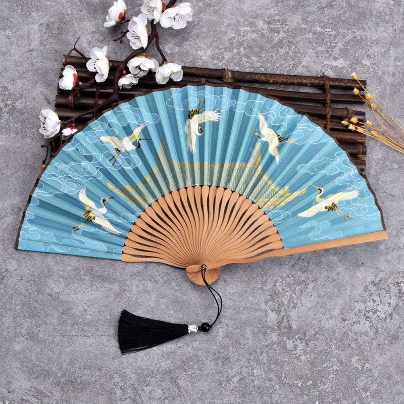 Nimara Ritual Vintage Cloud Crane Pattern Handheld Bamboo Folding Fan