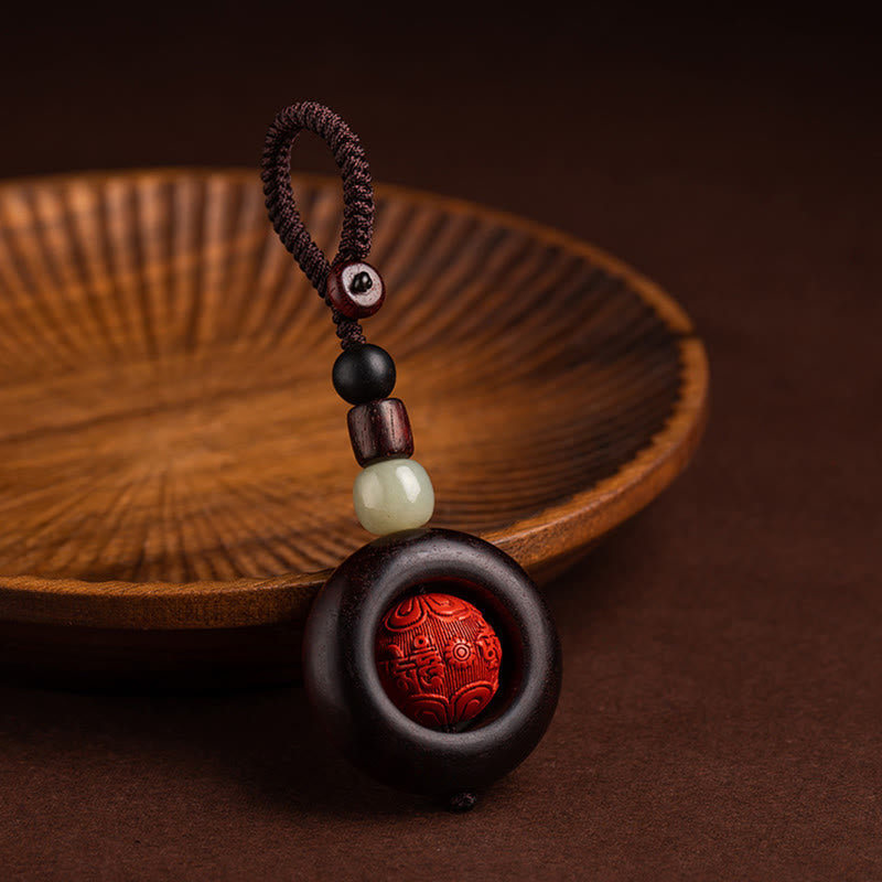 Nimara Ritual Tibet Om Mani Padme Hum PiXiu Copper Coin Small Leaf Red Sandalwood Cinnabar Protection Key Chain