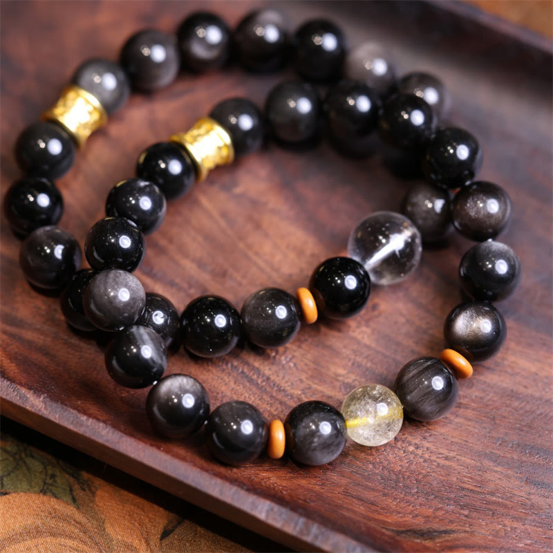 Nimara Ritual Natural Silver Sheen Obsidian Crystal Om Mani Padme Hum Bead Protection Bracelet