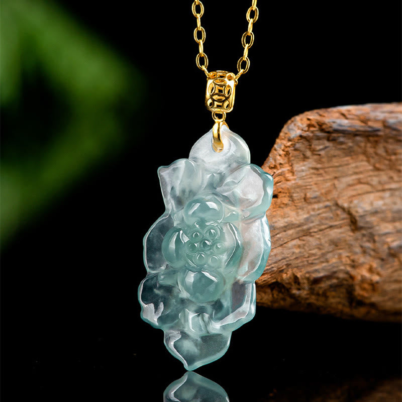 Nimara Ritual Natural Jade Lotus Pattern Prosperity Titanium Steel Chain Necklace Pendant