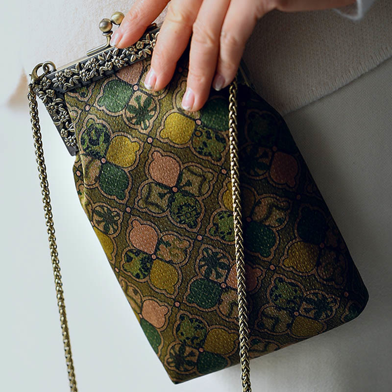 Nimara Ritual Green Leaves Handbag Metal Chain Crossbody Bag Shoulder Bag Cellphone Bag