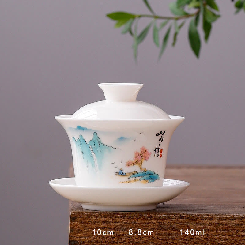 Nimara Ritual White Porcelain Mountain Landscape Countryside Ceramic Gaiwan Teacup Kung Fu Tea Cup And Saucer With Lid
