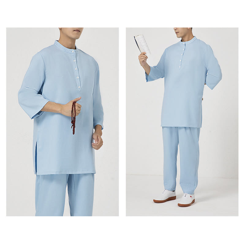 Nimara Ritual 2Pcs Buttons Men's Three Quarter Sleeve Shirt Top Pants Meditation Zen Tai Chi Cotton Linen Clothing Set