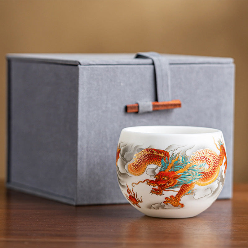 Nimara Ritual Dragon Phoenix Auspicious Clouds Ceramic Teacup Kung Fu Tea Cup With Gift Box