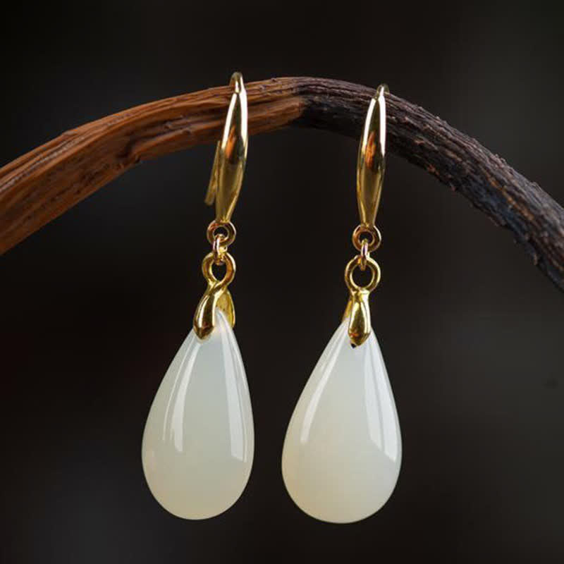 Nimara Ritual Hetian White Jade Water Drop Luck Blessing Dangle Earrings