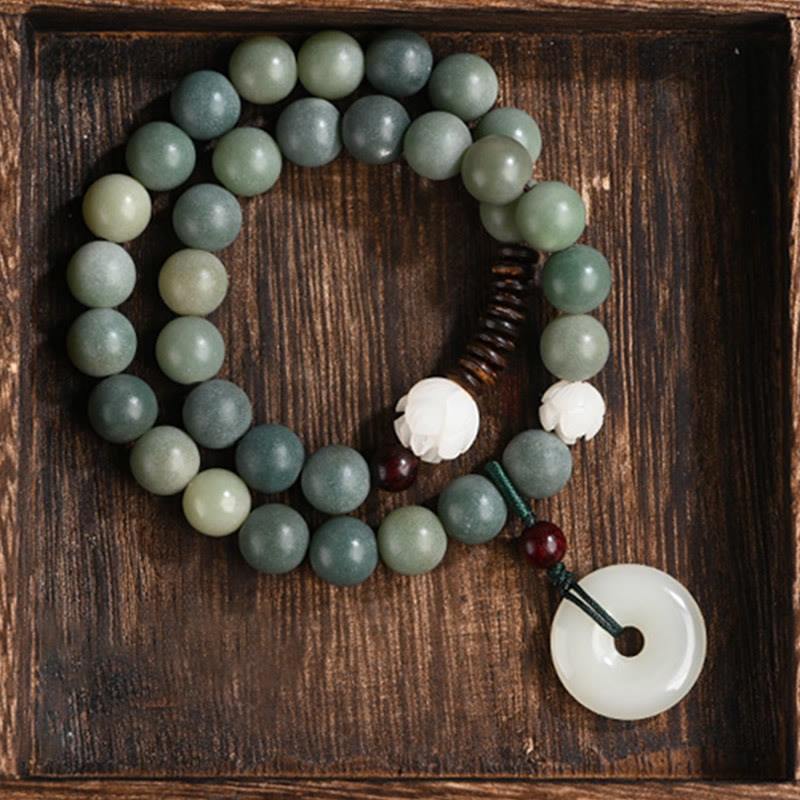 Nimara Ritual Cyan Bodhi Seed Lotus Jade Peace Buckle Wisdom Double Wrap Bracelet