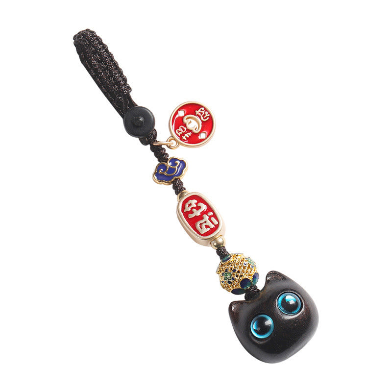 Nimara Ritual Ebony Wood Lucky Cat Auspicious Cloud Peace Key Chain Phone Hanging Decoration