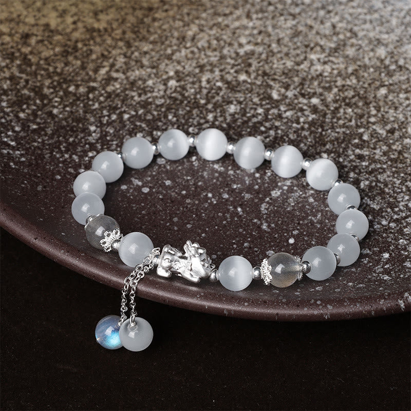 Nimara Ritual Natural Cat's Eye Moonstone Strawberry Quartz PiXiu Support Bracelet