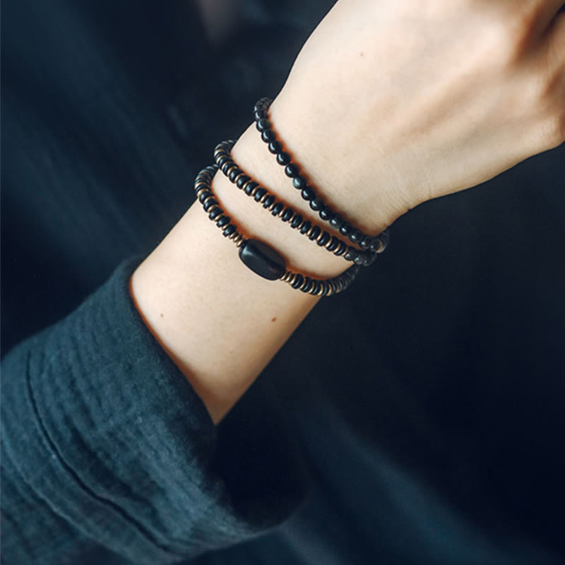 Nimara Ritual Rainbow Obsidian Ebony Wood Copper Healing Triple Wrap Bracelet