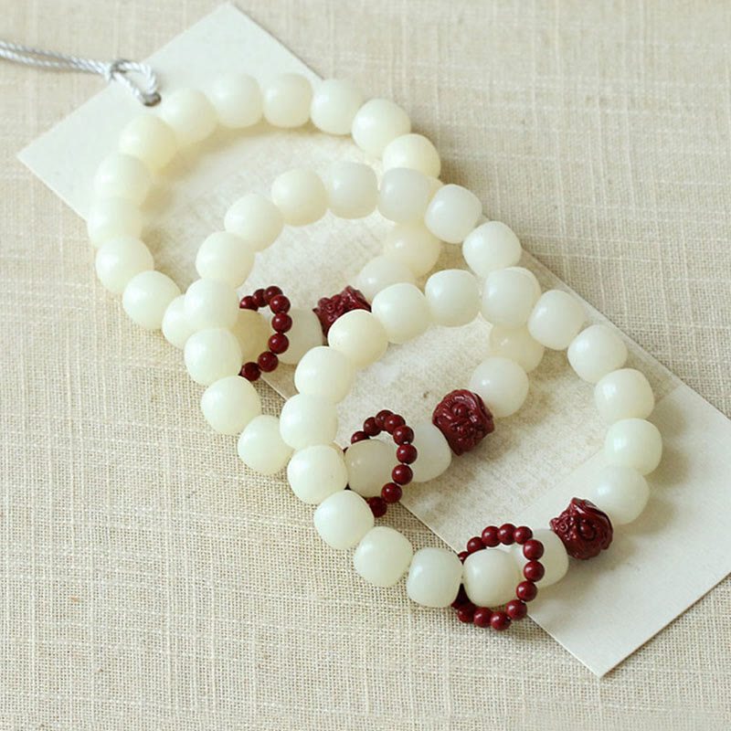 Nimara Ritual Natural Bodhi Seed Cinnabar Dancing Lion Charm Wisdom Harmony Wrist Mala