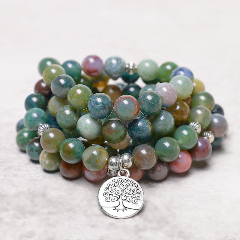 Nimara Ritual 108 Mala Beads Indian Agate Lotus OM Buddha Tree of life Positive Calm Bracelet