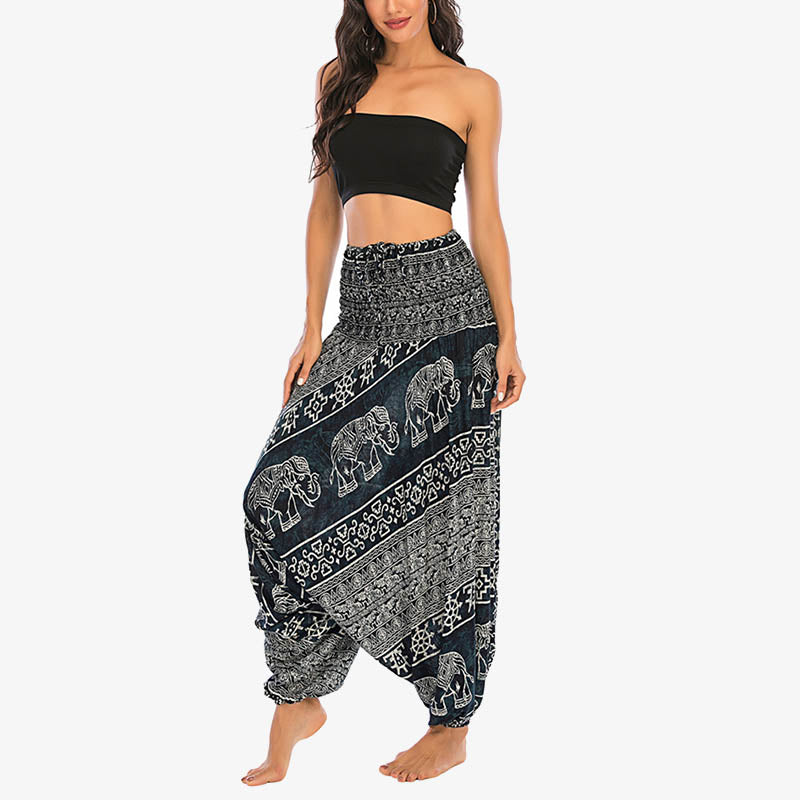 Nimara Ritual Two Style Wear Elephant Pattern Loose Smocked Harem Trousers Jumpsuit Women's Yoga Pants