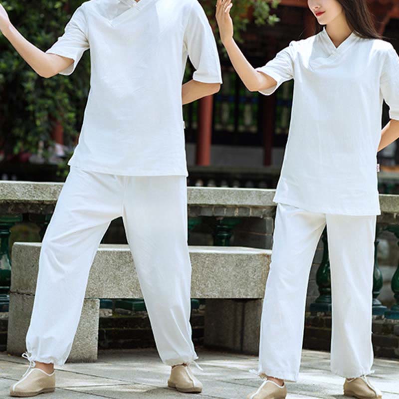 Nimara Ritual 2Pcs Half Sleeve V-Neck Shirt Top Pants Meditation Zen Tai Chi Linen Clothing Women's Set