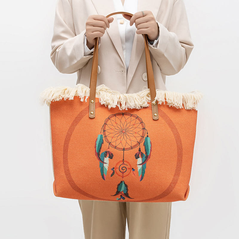 Nimara Ritual Large Capacity Dreamcatcher Mandala Tassel Canvas Tote Shoulder Bag