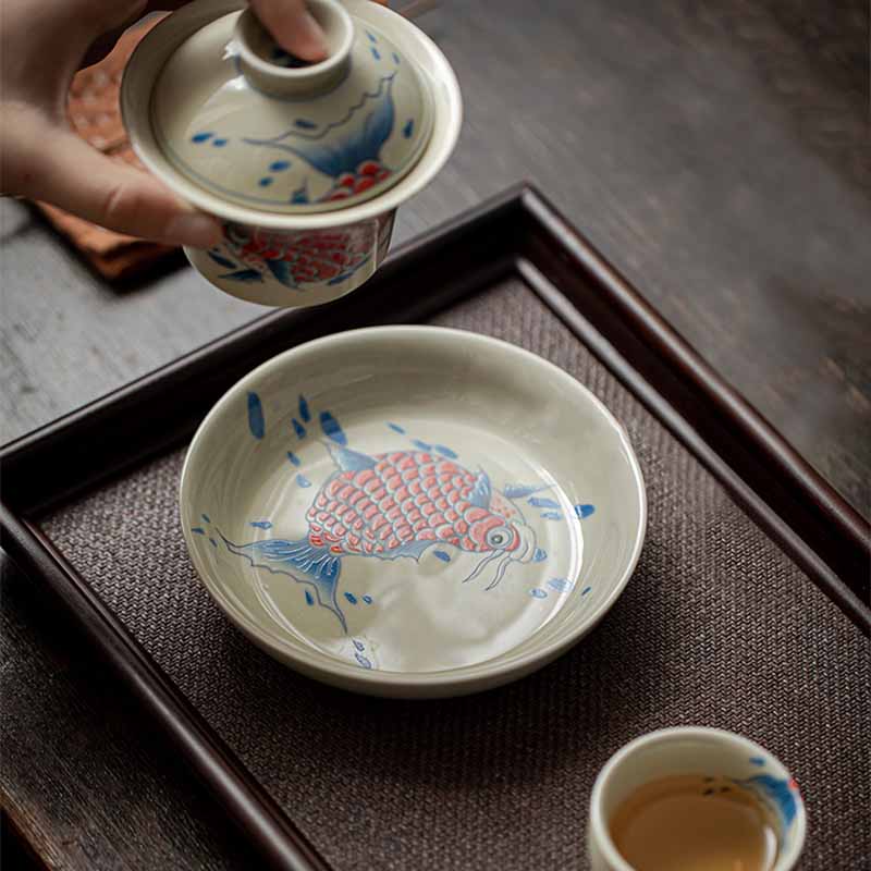 Nimara Ritual Koi Fish Arowana Ceramic Gaiwan Sancai Teacup Kung Fu Tea Cup With Lid 130ml