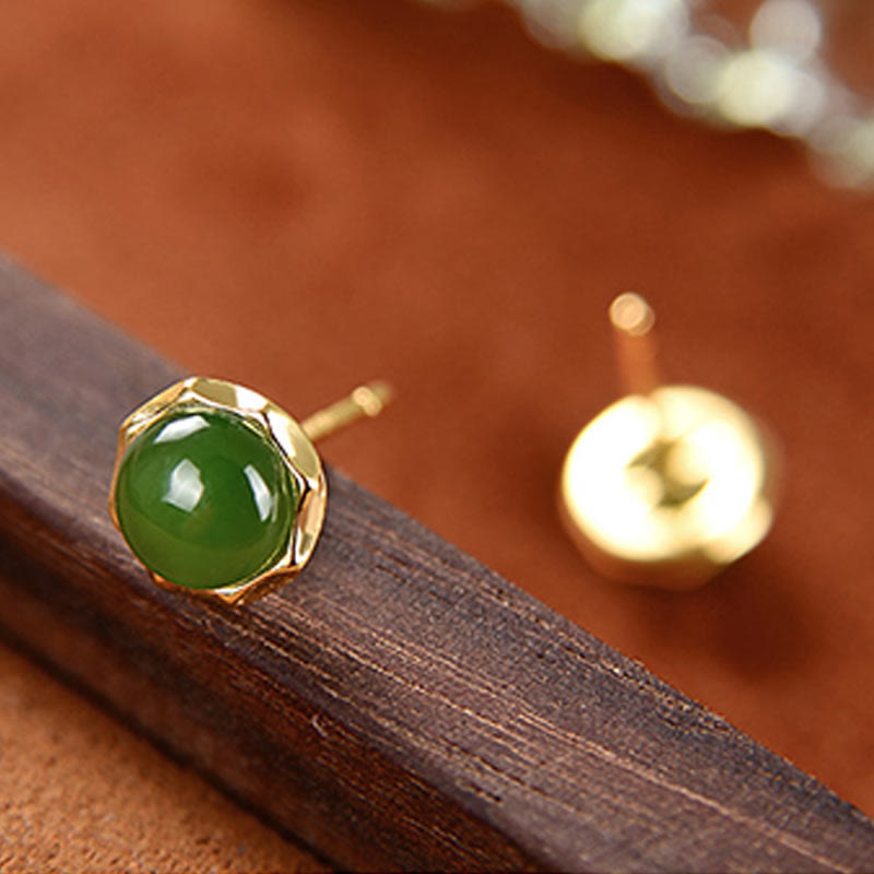 Nimara Ritual 925 Sterling Silver Plated Gold Natural Hetian Cyan Jade Bead Luck Stud Earrings