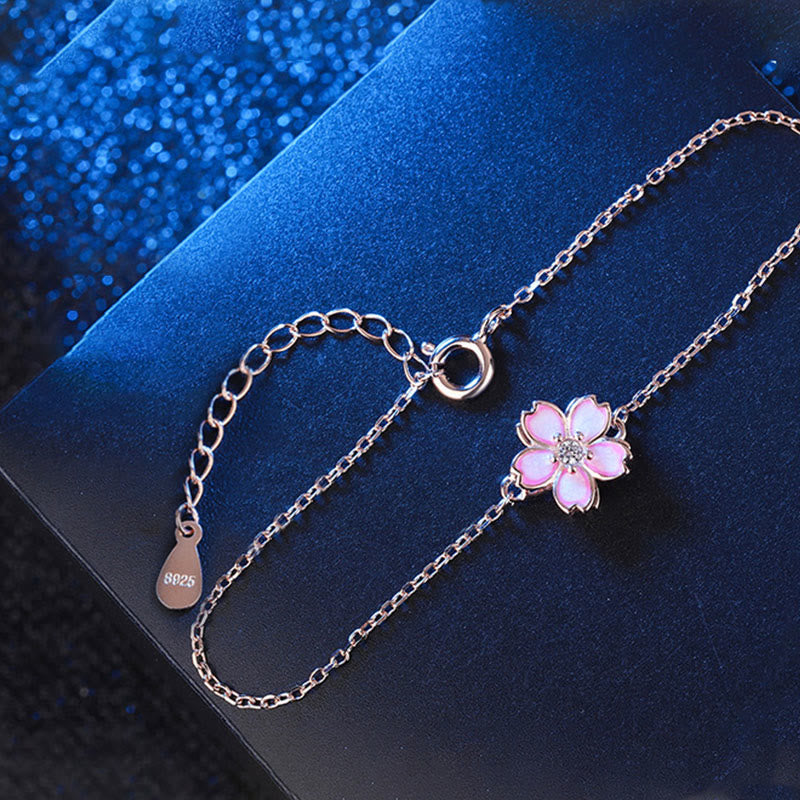 Nimara Ritual 925 Sterling Silver Cherry Blossom Blessing Chain Bracelet Rotatable Ring