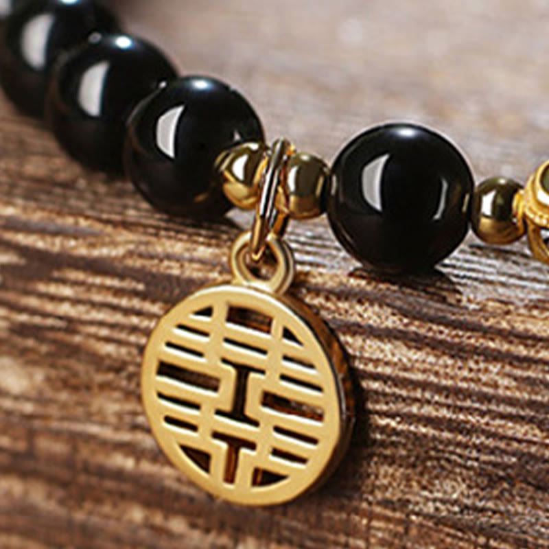 Nimara Ritual Natural Black Obsidian Hetian Jade Gourd Double Happiness Strength Bracelet