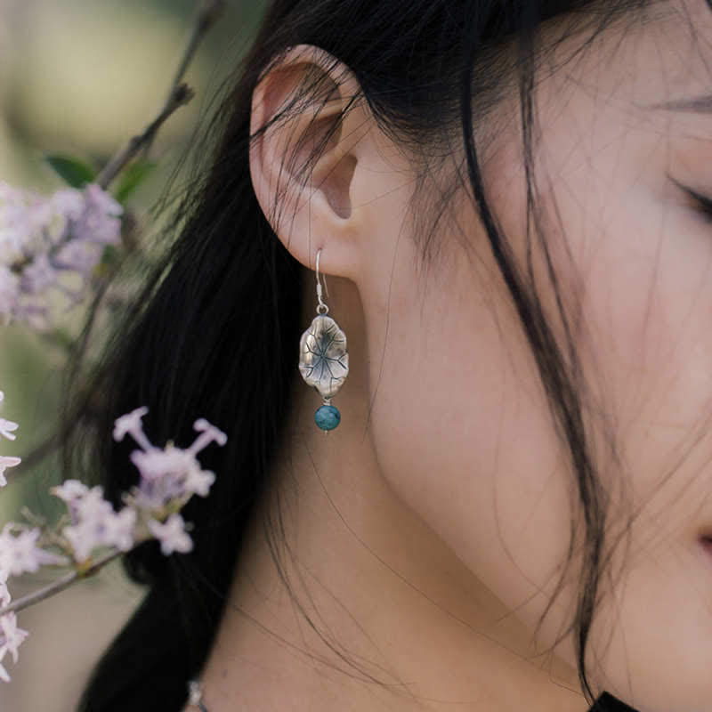 Nimara Ritual 925 Sterling Silver Turquoise Lotus Leaf Protection Drop Dangle Earrings