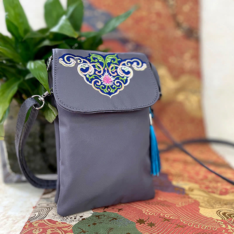 Nimara Ritual Waterproof Handmade Embroidered Lotus Flowers Crossbody Bag Shoulder Bag Cellphone Bag