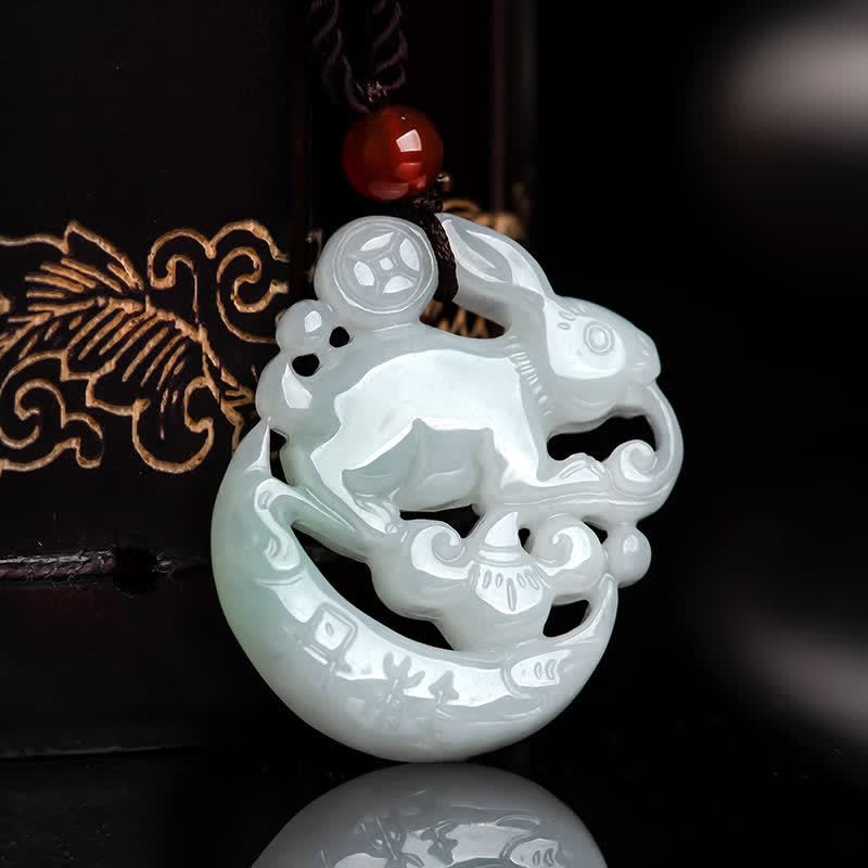 Nimara Ritual Year of the Rabbit White Jade Crescent Moon Protection Necklace Pendant