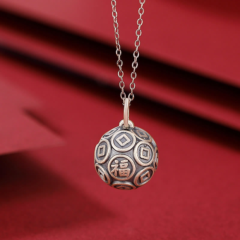 Nimara Ritual 990 Sterling Silver Fu Character Copper Coin Luck Fortune Chain Necklace Pendant
