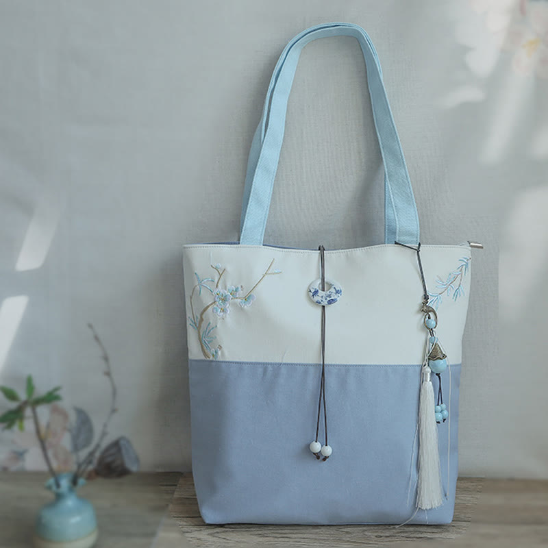 Nimara Ritual Pear Flower Plum Peach Blossom Bamboo Embroidery Canvas Large Capacity Shoulder Bag Tote Bag