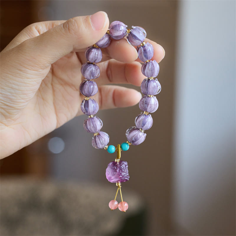 Nimara Ritual Liuli Glass Bead Lotus Design Fluorite Ivory Fruit Dancing Lion Charm Enlightenment Bracelet