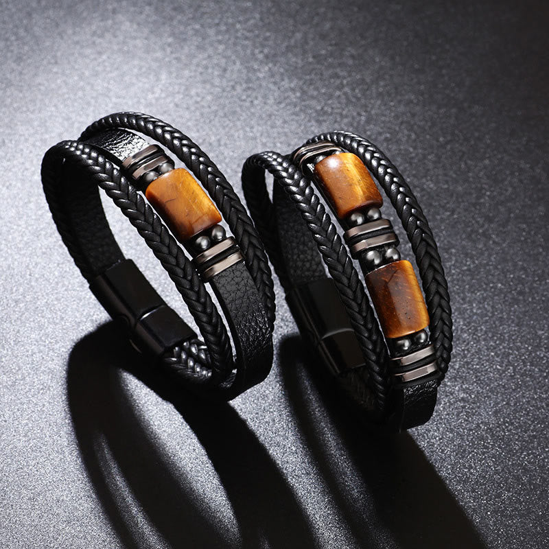 Nimara Ritual Tiger Eye Power Magnetic Buckle Multilayered Leather Bracelet