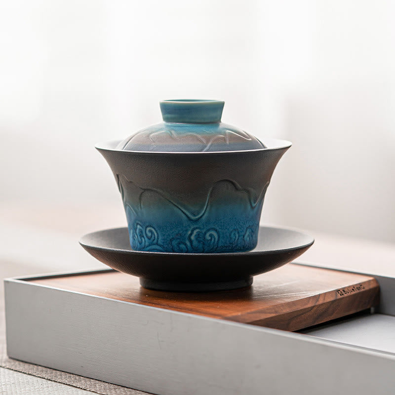 Nimara Ritual Retro Blue Ocean Sea Waves Gradient Ceramic Gaiwan Sancai Teacup Kung Fu Tea Cup And Saucer With Lid