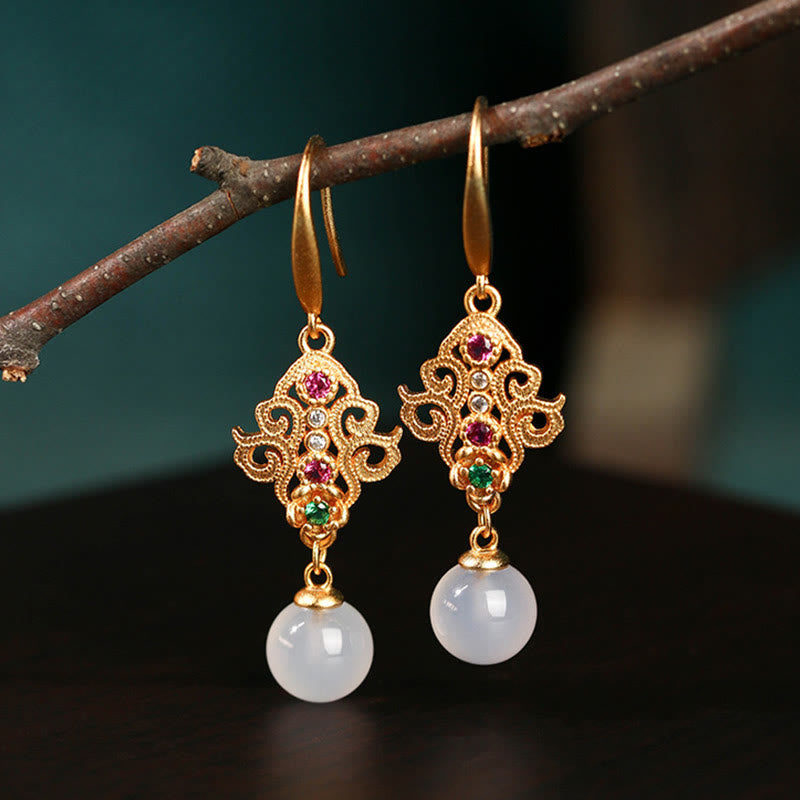 Nimara Ritual 24K Gold Plated Round Chalcedony Positive Dangle Drop Earrings