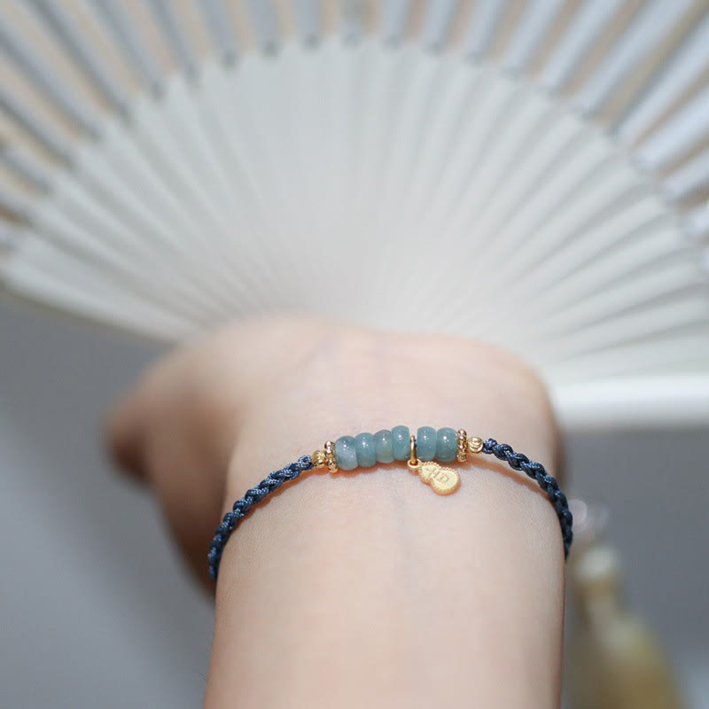 Nimara Ritual 925 Sterling Silver Natural Jade Gourd Rutilated Quartz Fu Character Luck Braid Bracelet