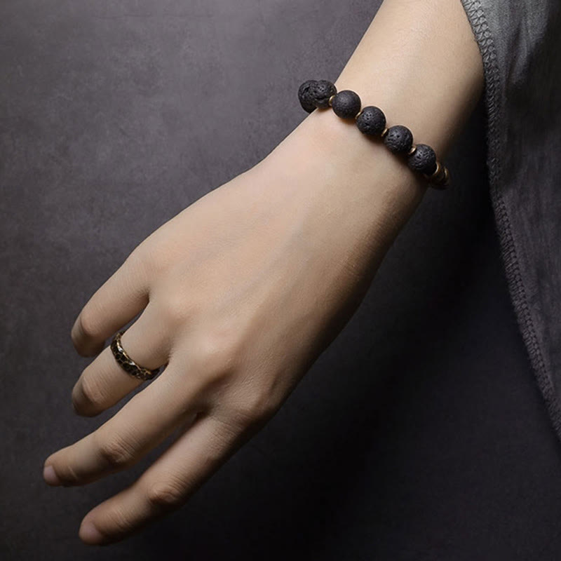 Nimara Ritual Lava Rock Stone Rainbow Obsidian Brass Support Healing Bracelet