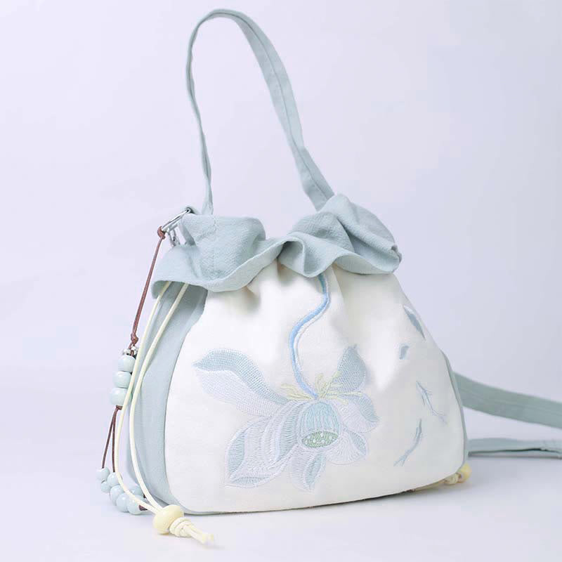 Nimara Ritual Suzhou Embroidery Lotus Epiphyllum Magnolia Cotton Linen Tote Crossbody Bag Shoulder Bag Handbag
