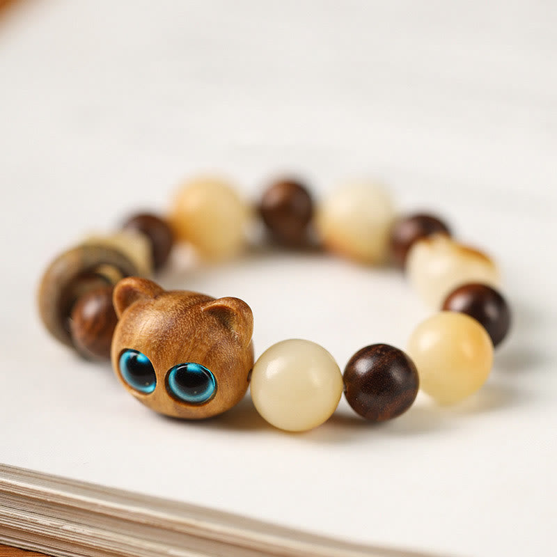 Nimara Ritual Natural Bodhi Seed Sandalwood Lucky Cute Cat Head Paw Claw Peace Bracelet