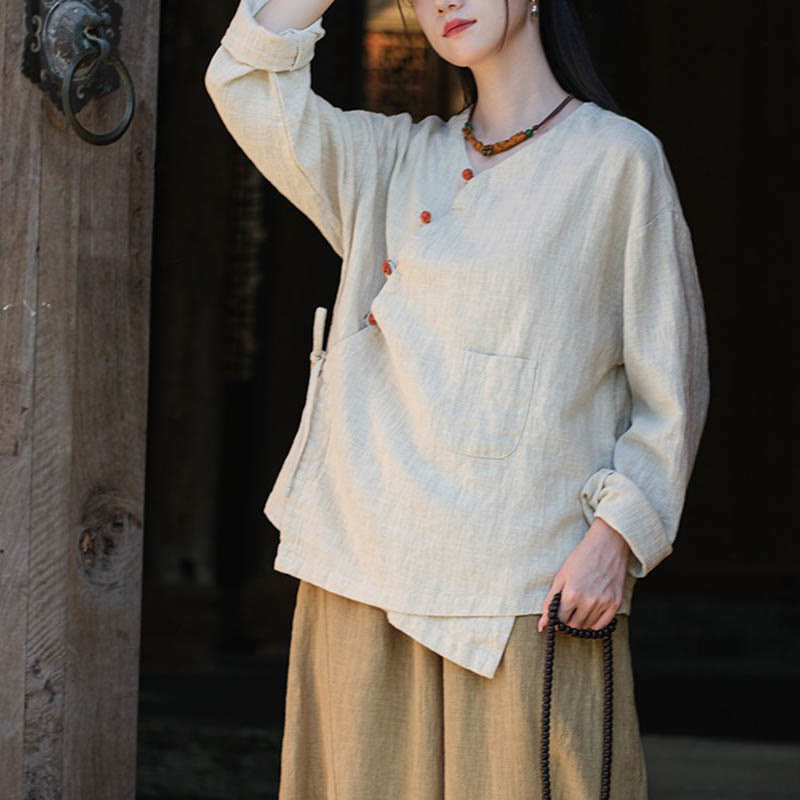 Nimara Ritual Solid Color Ramie Linen Loose Blouse Long Sleeve Shirt Chinese Hanfu Top
