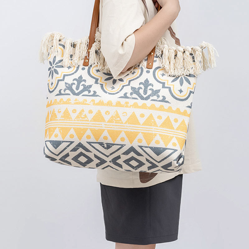 Nimara Ritual Large Capacity Boho Geometry Print Tassel Canvas Tote Shoulder Bag