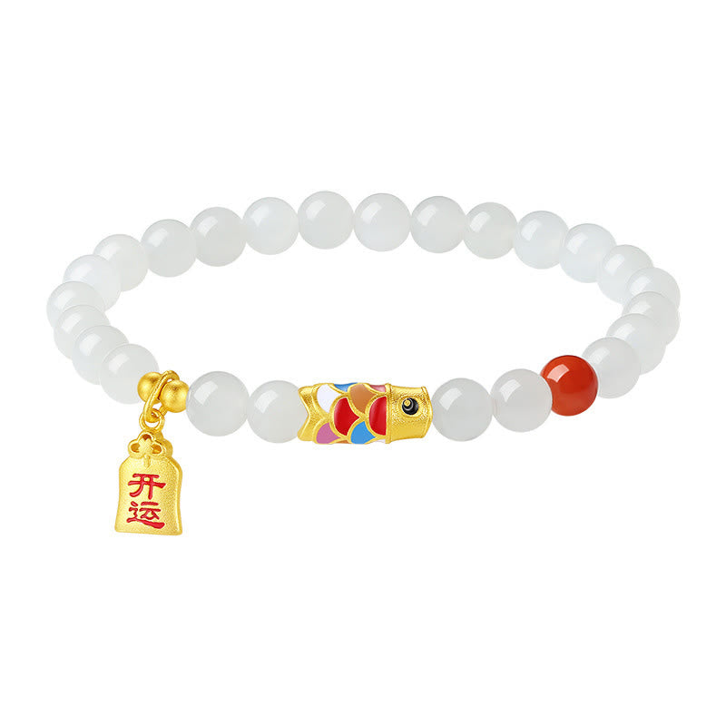 Nimara Ritual 925 Sterling Silver Hetian White Jade Red Agate Koi Fish Luck Happiness Bracelet
