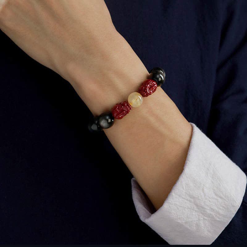 Nimara Ritual Gold Sheen Obsidian PiXiu Cinnabar Om Mani Padme Hum Protection Bracelet