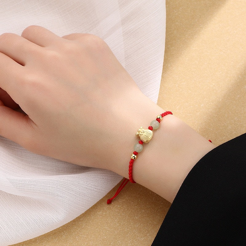Nimara Ritual Lucky Money Bag Fu Character Jade Bead Luck Braided Bracelet