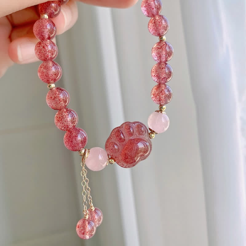 Nimara Ritual Natural Strawberry Quartz Pink Crystal Lucky Cat Paw Love Bracelet